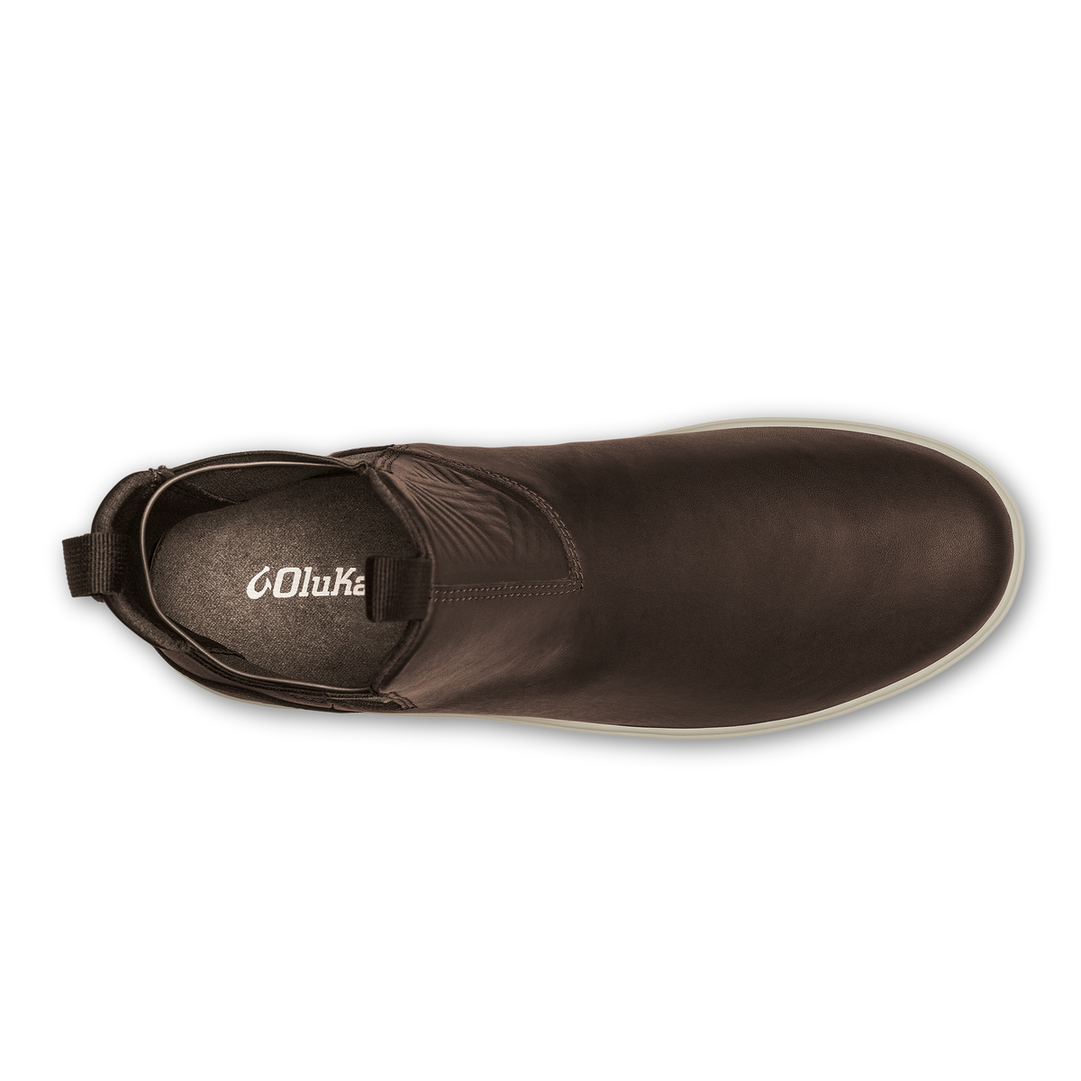 Dark brown leather mid-height boot with cream sole and pull tab, shown from above.