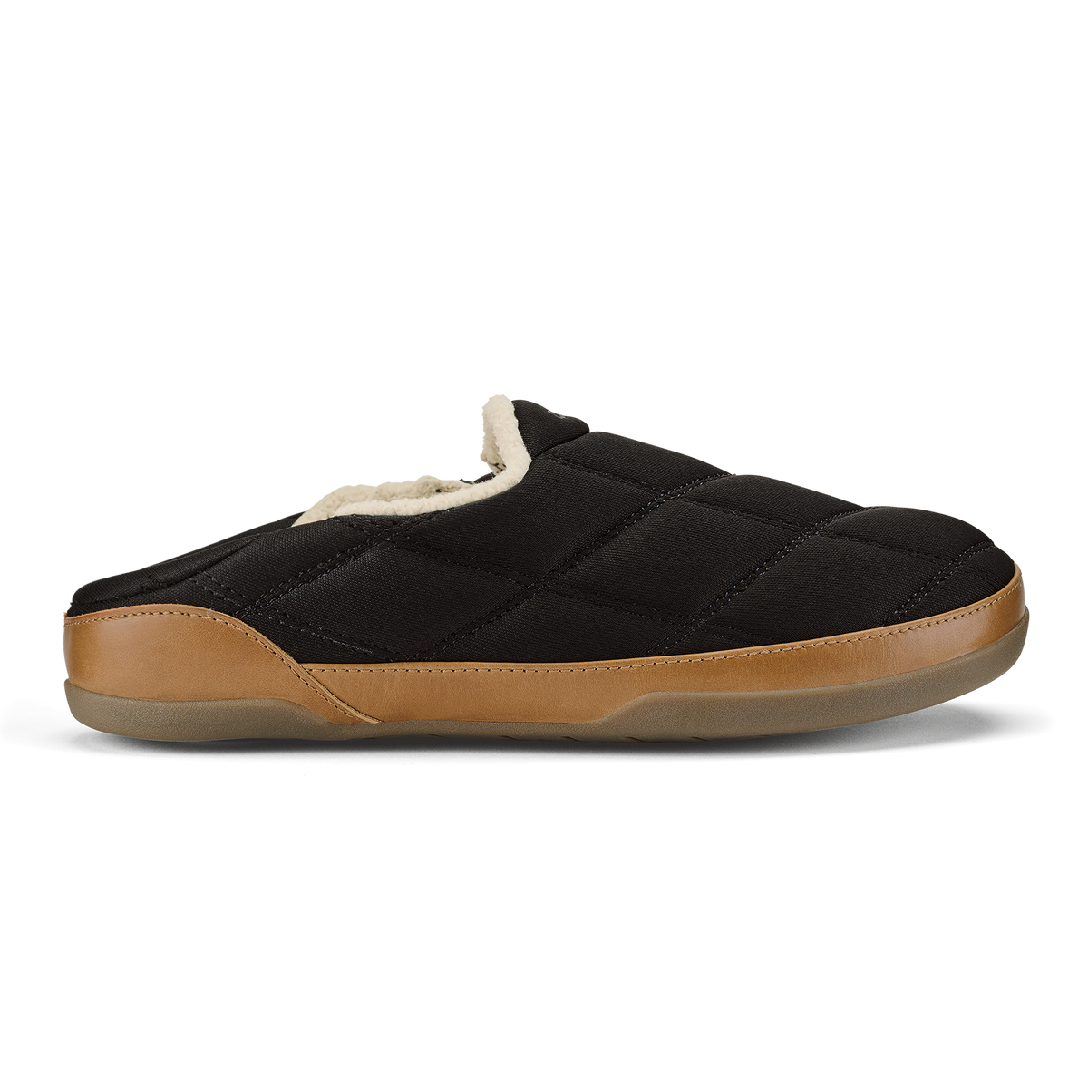 Black quilted slipper with tan leather toe cap and cream fleece lining, shown in profile.