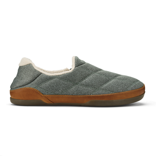 Gray quilted slipper with tan leather trim, cream fleece lining, and dark sole.