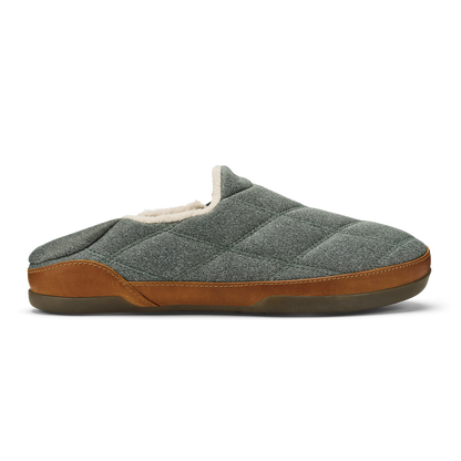 Gray quilted slipper with tan leather trim and cream fleece lining, side view.