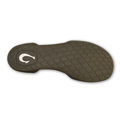 Ash-colored shoe sole with quilted tread pattern and white logo detail on heel area.