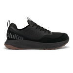Black lace-up trail running shoe with mesh and suede upper, speckled midsole, and tan rubber outsole.