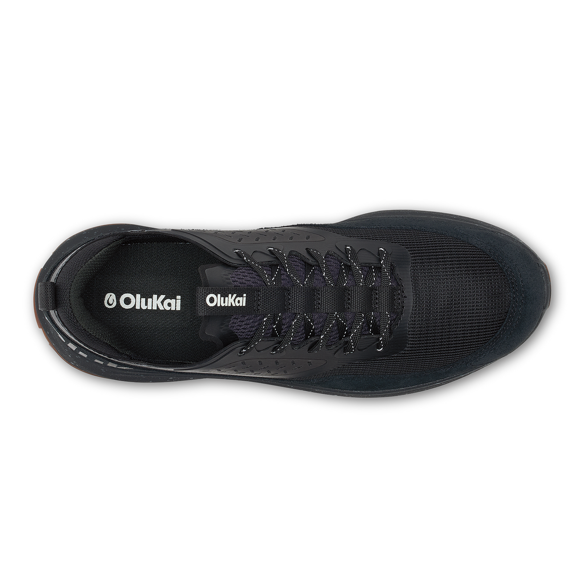 Black OluKai Makiki athletic shoe with lace-up closure, viewed from above.
