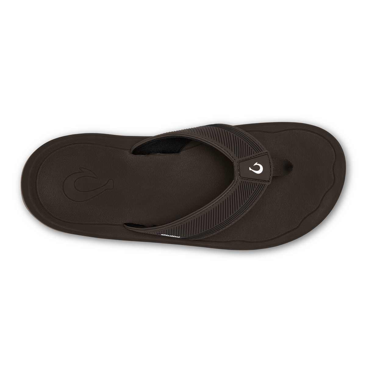 Dark Java flip-flop with embossed wave logo on sole and textured toe strap with white accent.