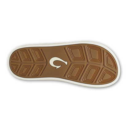 Shoe sole with brown tread pattern and white edge trim, featuring a curved logo in center.
