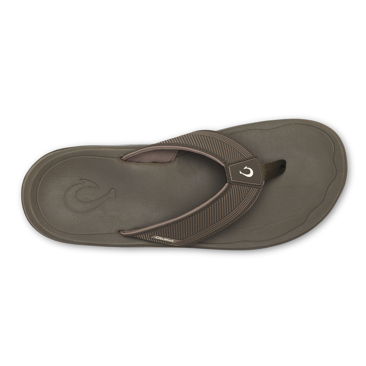 Brown koa thong sandal with textured strap and cushioned footbed, shown from above.