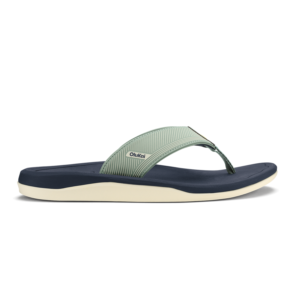 Seagreen and trench blue thong sandal with cream-colored sole and OluKai branding on the upper strap.
