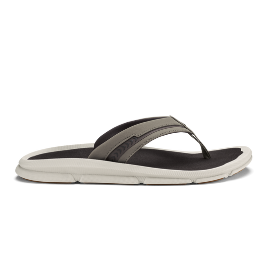 Thong sandal with gray fabric strap, black footbed, and white cushioned sole.