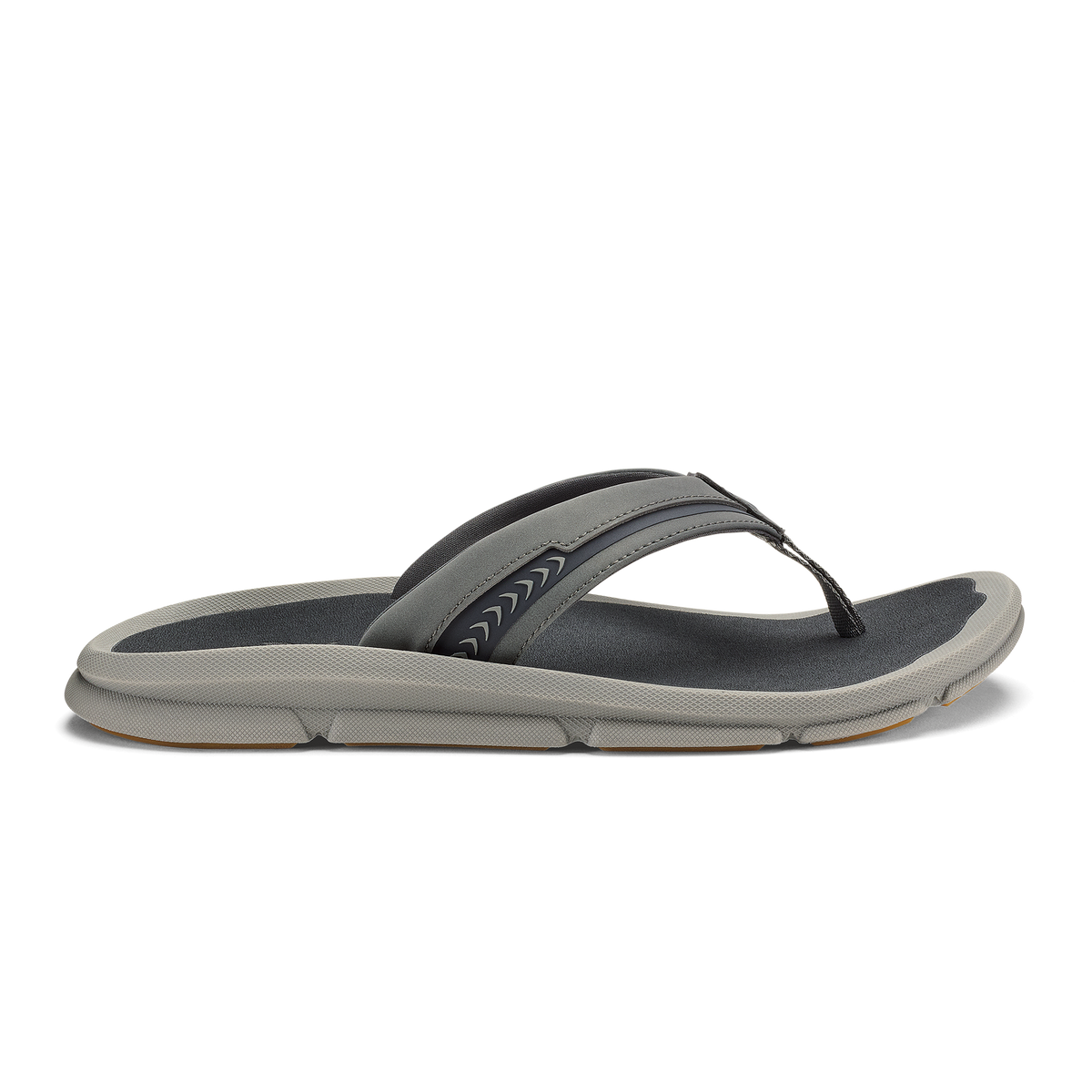 Gray and black thong sandal with cushioned sole and decorative stitching on the upper strap.