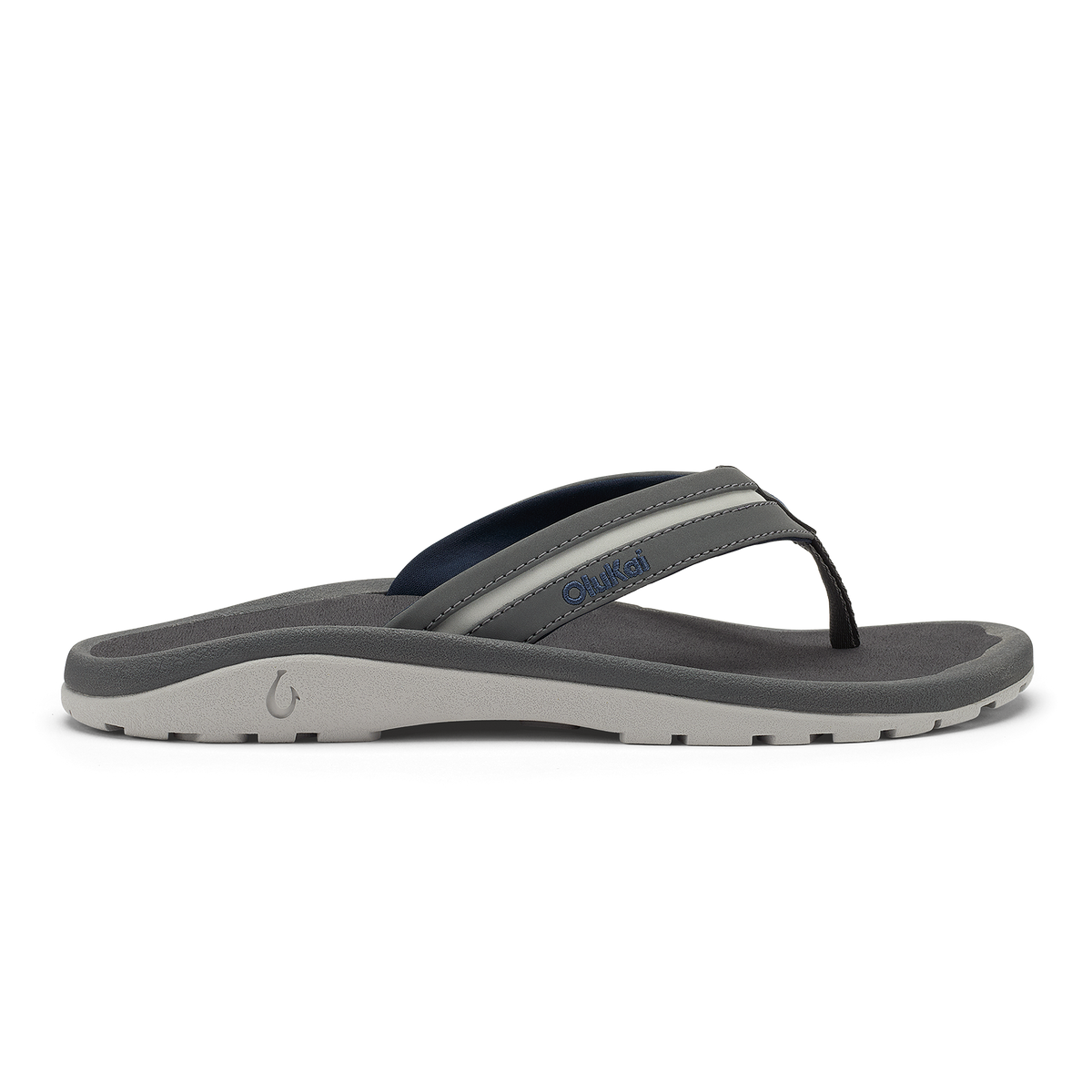 Grey and navy thong sandal with light grey midsole and toe post strap detail.