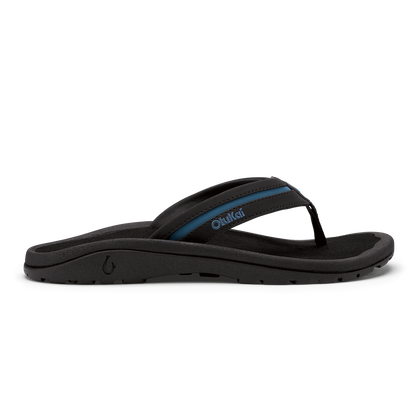 Black and slate blue flip-flop sandal with cushioned sole and thong strap design.