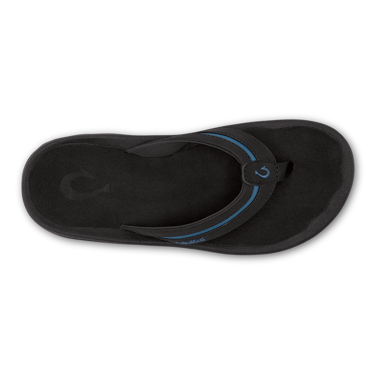 Black flip-flop sandal with slate blue accent stripe and toe post, viewed from above.