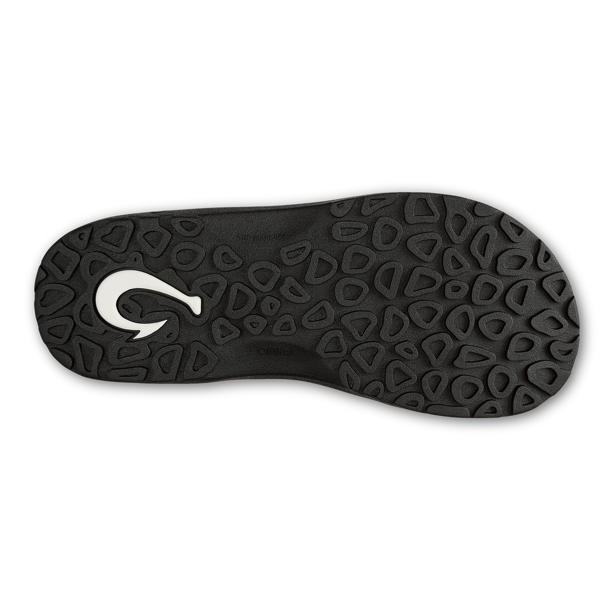 Black lava rock flip-flop sole with textured geometric pattern and white logo detail.