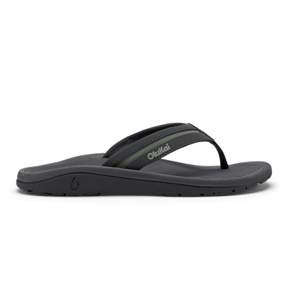 Grey and seagreen thong sandal with contoured footbed and textured sole.