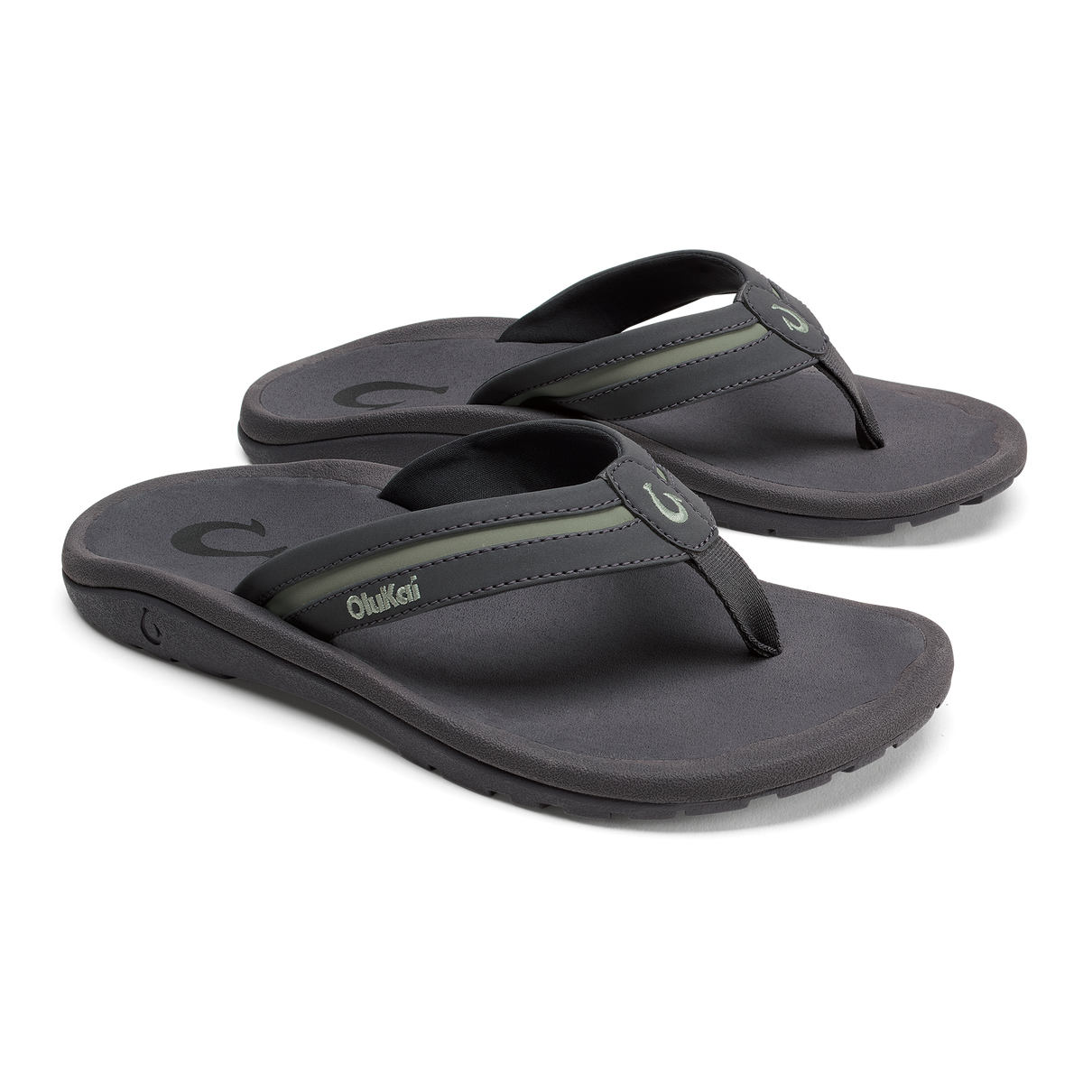 Pair of grey and seagreen thong sandals with padded soles and curved straps.
