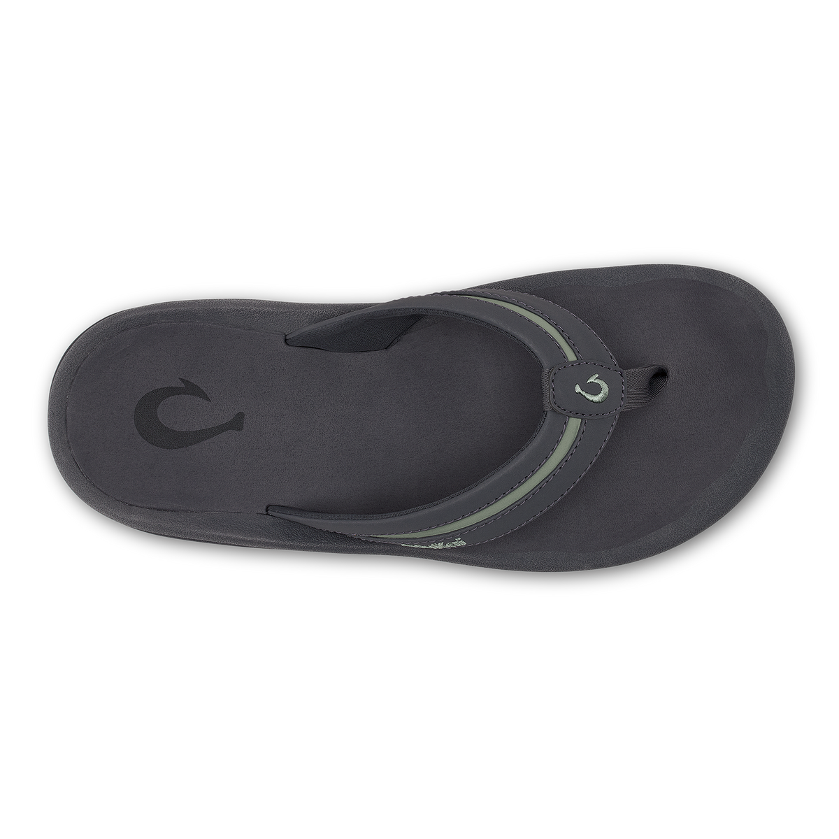 Dark grey thong sandal with seagreen accent strap and embossed logo on footbed, viewed from above.