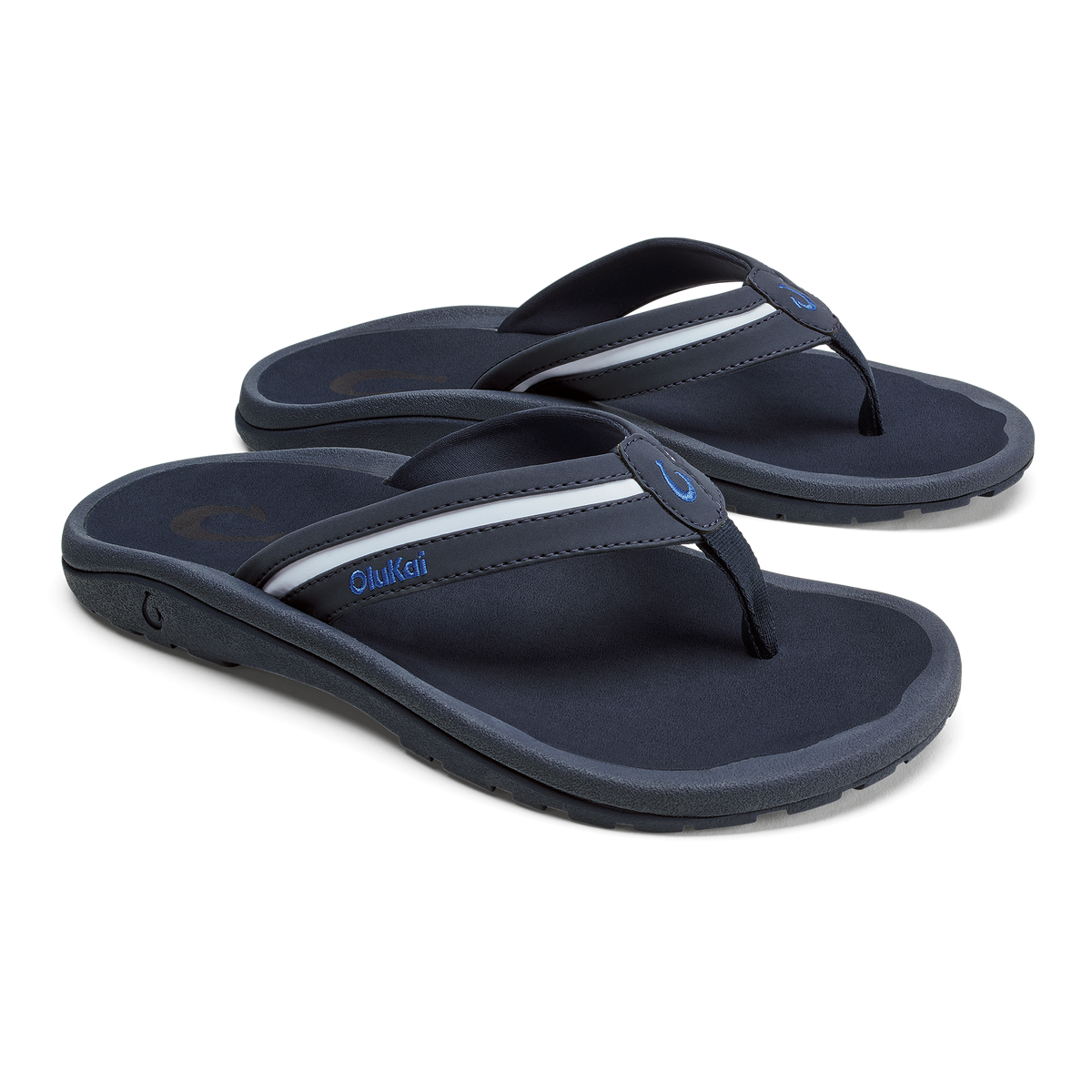 Navy and white thong sandals with cushioned footbeds and contoured arch support.