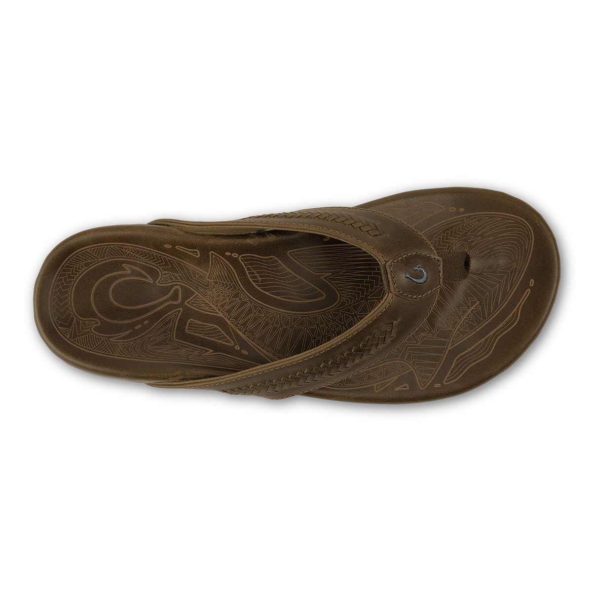 Tan leather flip-flop sandal with decorative carved patterns on the sole and straps.