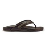 Dark brown leather flip-flop sandal with woven strap detail across the toe and textured sole.