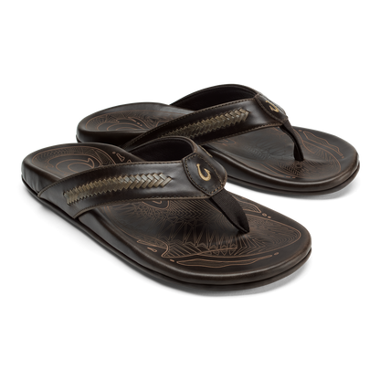 Dark brown leather flip-flops with woven strap detail and embossed sole pattern, shown as a pair.