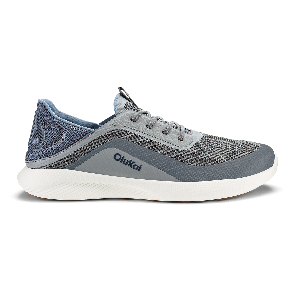 Charcoal and sharkskin mesh running shoe with white sole and dark blue heel collar.