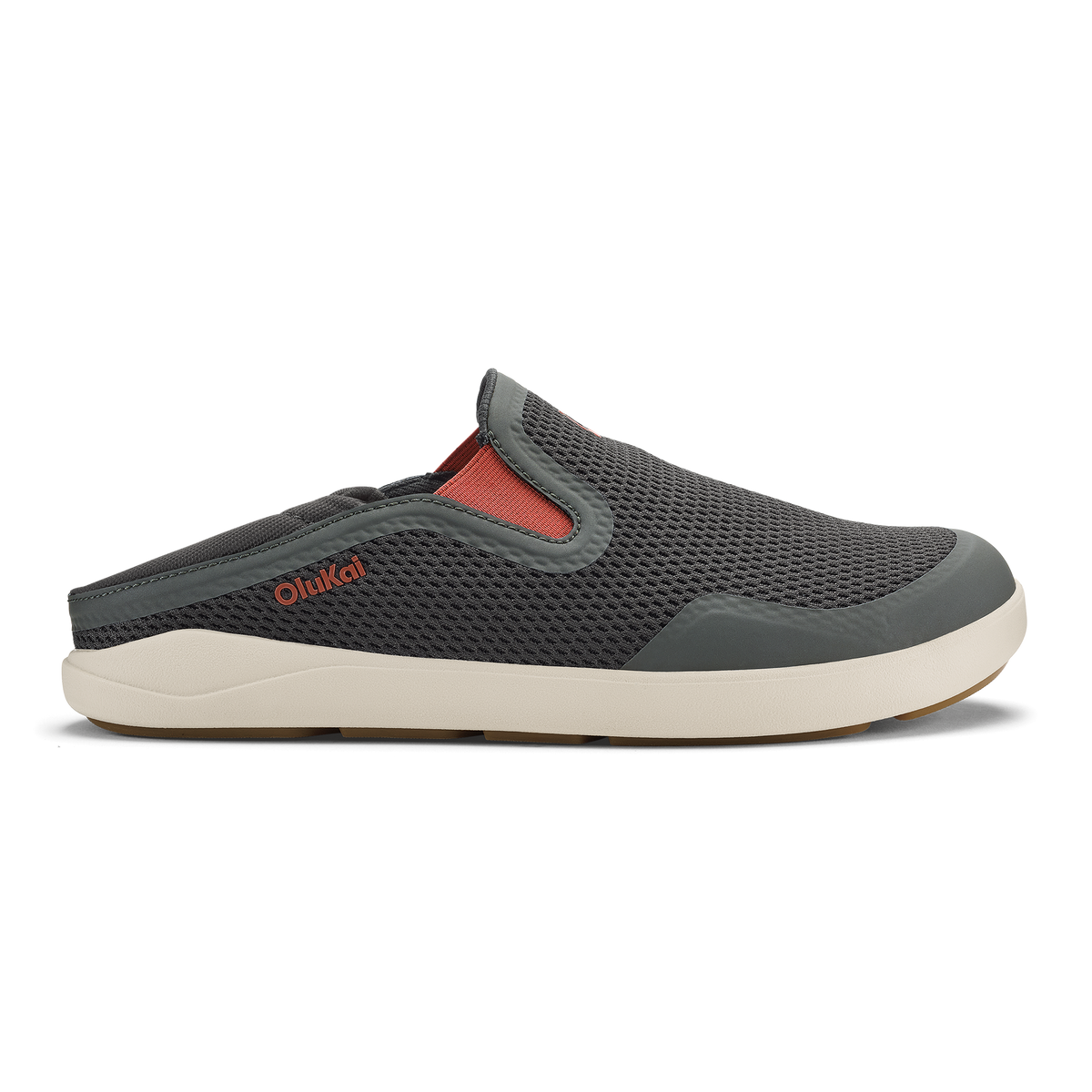 Gray mesh slip-on clog with red accent and cream sole, shown in profile view.