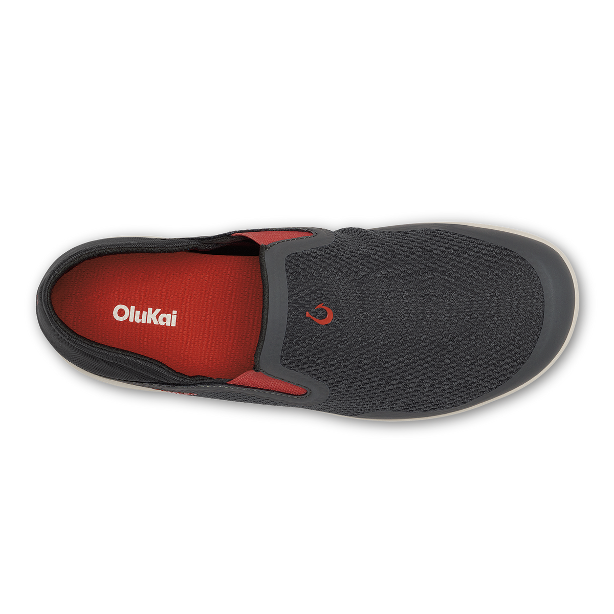 Gray slip-on shoe with red interior and OluKai branding, shown from above.