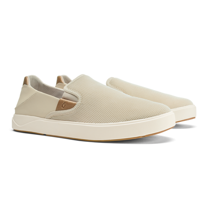 Tan and cream slip-on sneaker with mesh upper, leather heel patch, and white rubber sole.
