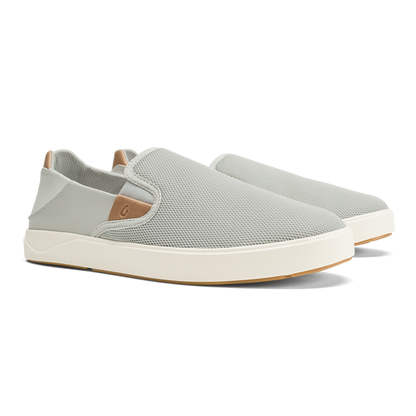 Cloud grey mesh slip-on sneaker with tan leather heel tab and cream platform sole.