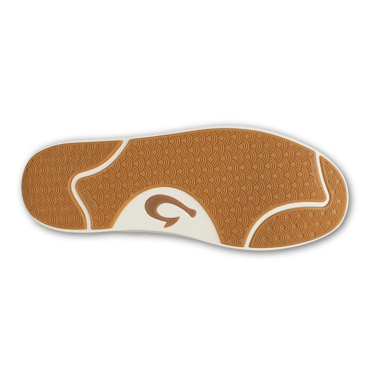 Shoe sole with tan geometric pattern and white curved stripe detail.