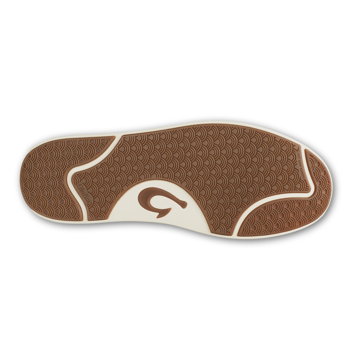 Tan and cream rubber shoe sole with textured tread pattern and brown brand logo in center.