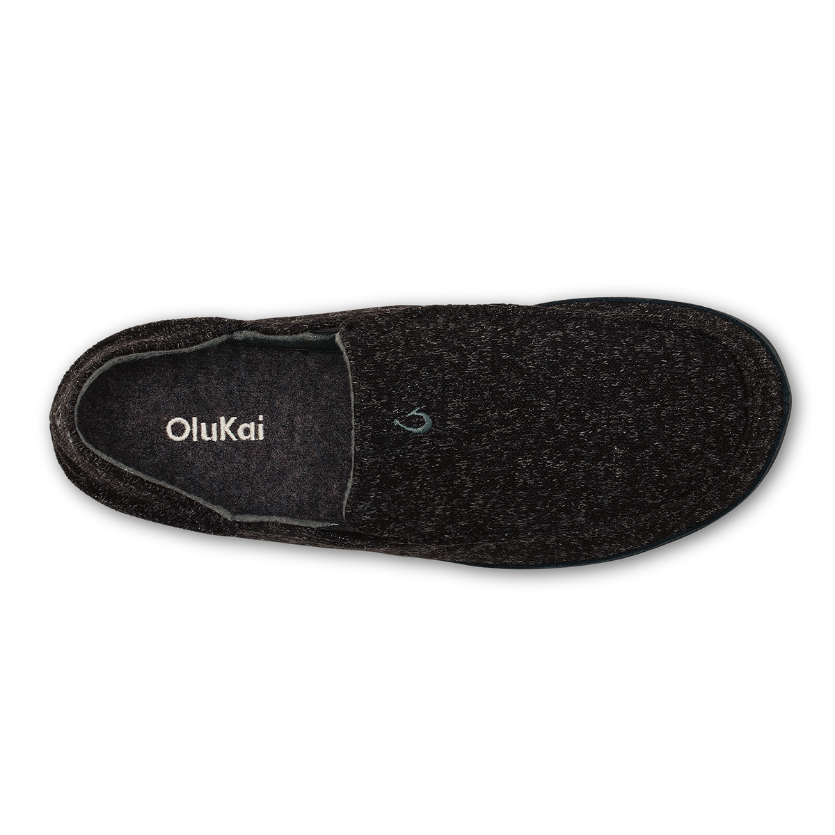 Black OluKai Hulu slipper with textured knit upper and suede collar, shown from above.