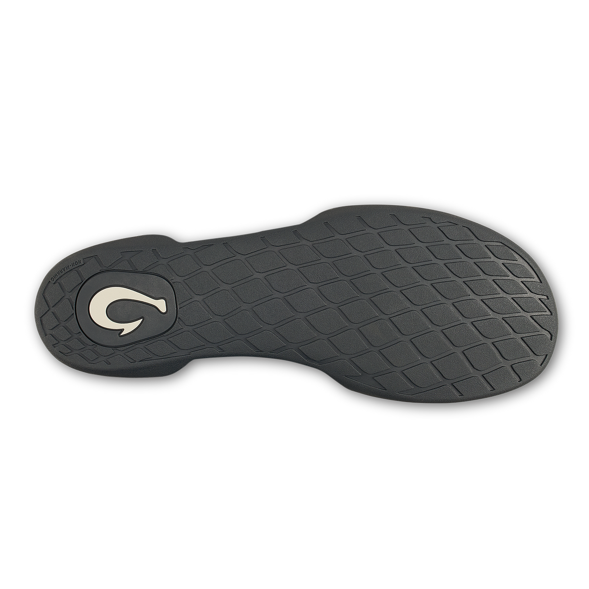 Black shoe sole with quilted tread pattern and white curved logo on heel.