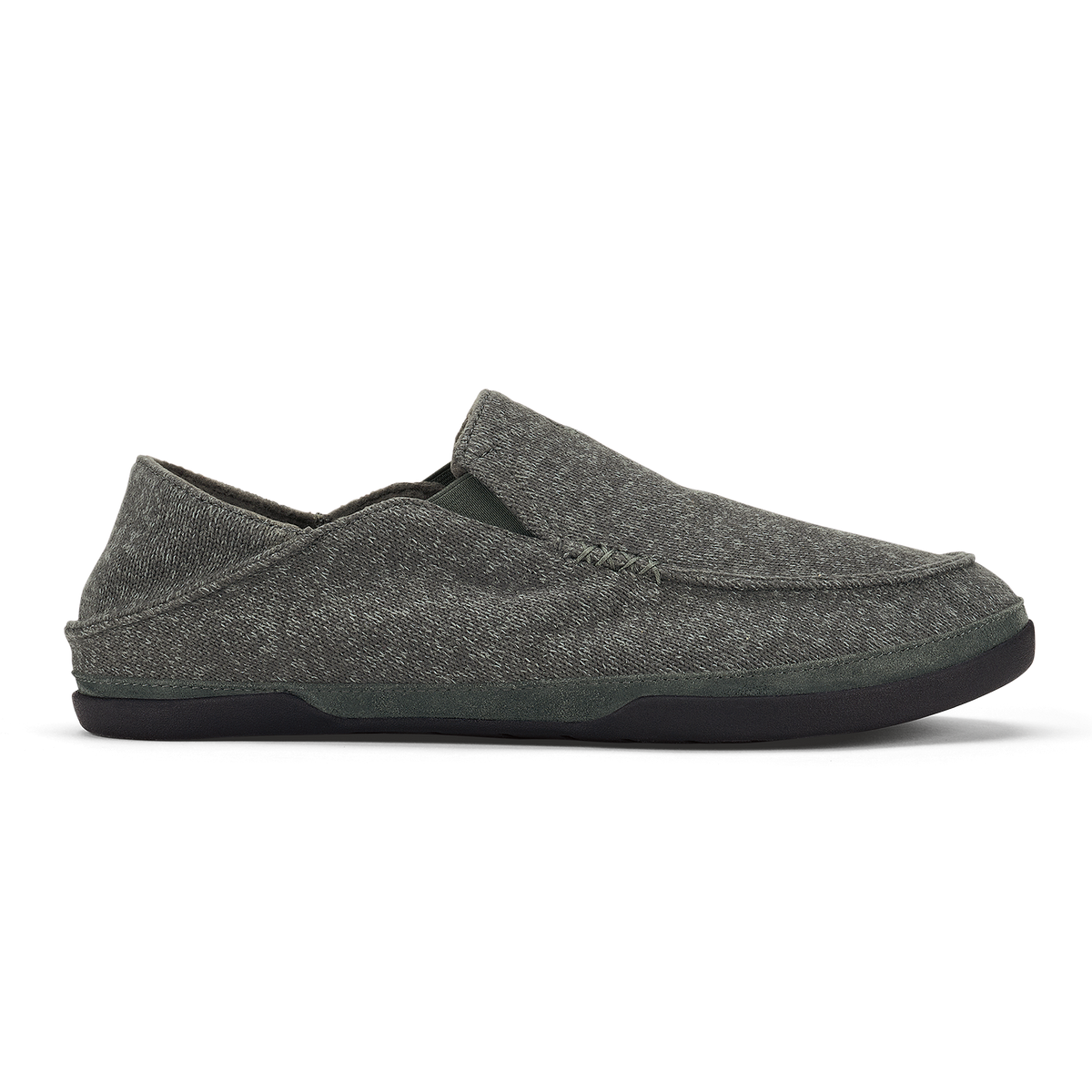 Dark gray textile slip-on loafer with black sole, shown in side profile view.