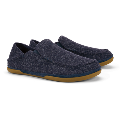 Dark blue heathered slip-on slippers with tan rubber sole and blue stripe accent.