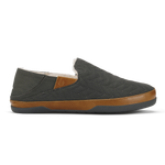 Dark gray quilted slip-on shoe with tan leather trim and sherpa-lined collar, shown from the side.
