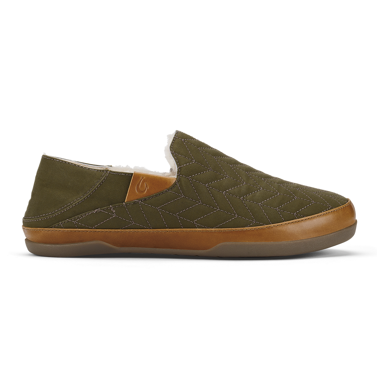 Olive quilted slip-on shoe with tan leather trim and brown rubber sole, shown in profile view.