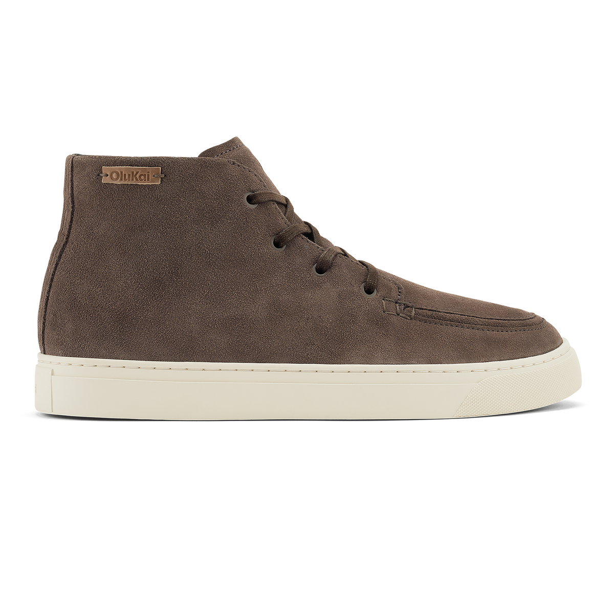 Dark brown suede chukka boot with cream rubber sole and four lace eyelets.