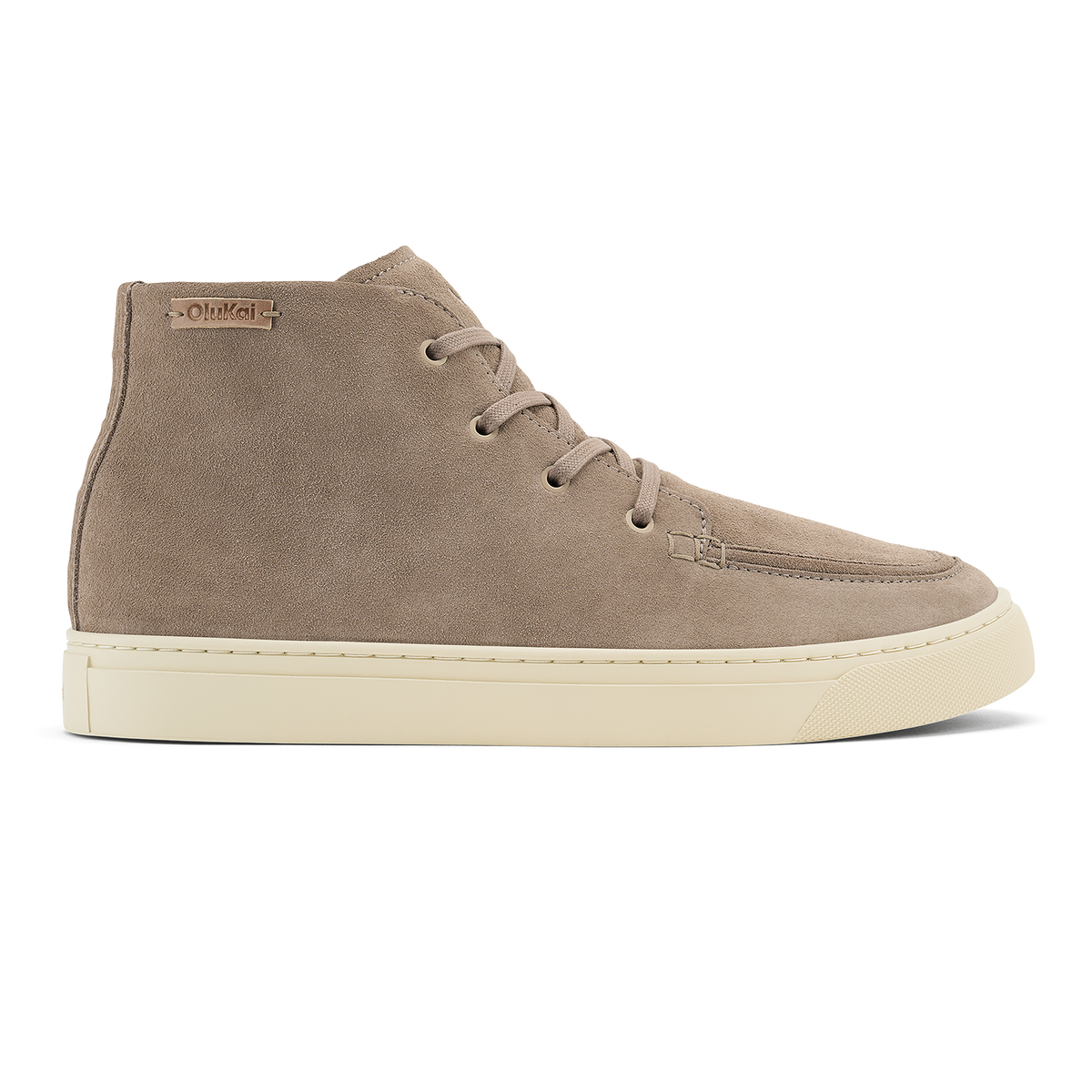 Taupe grey suede chukka boot with tan laces and cream-colored sole, shown in side profile.