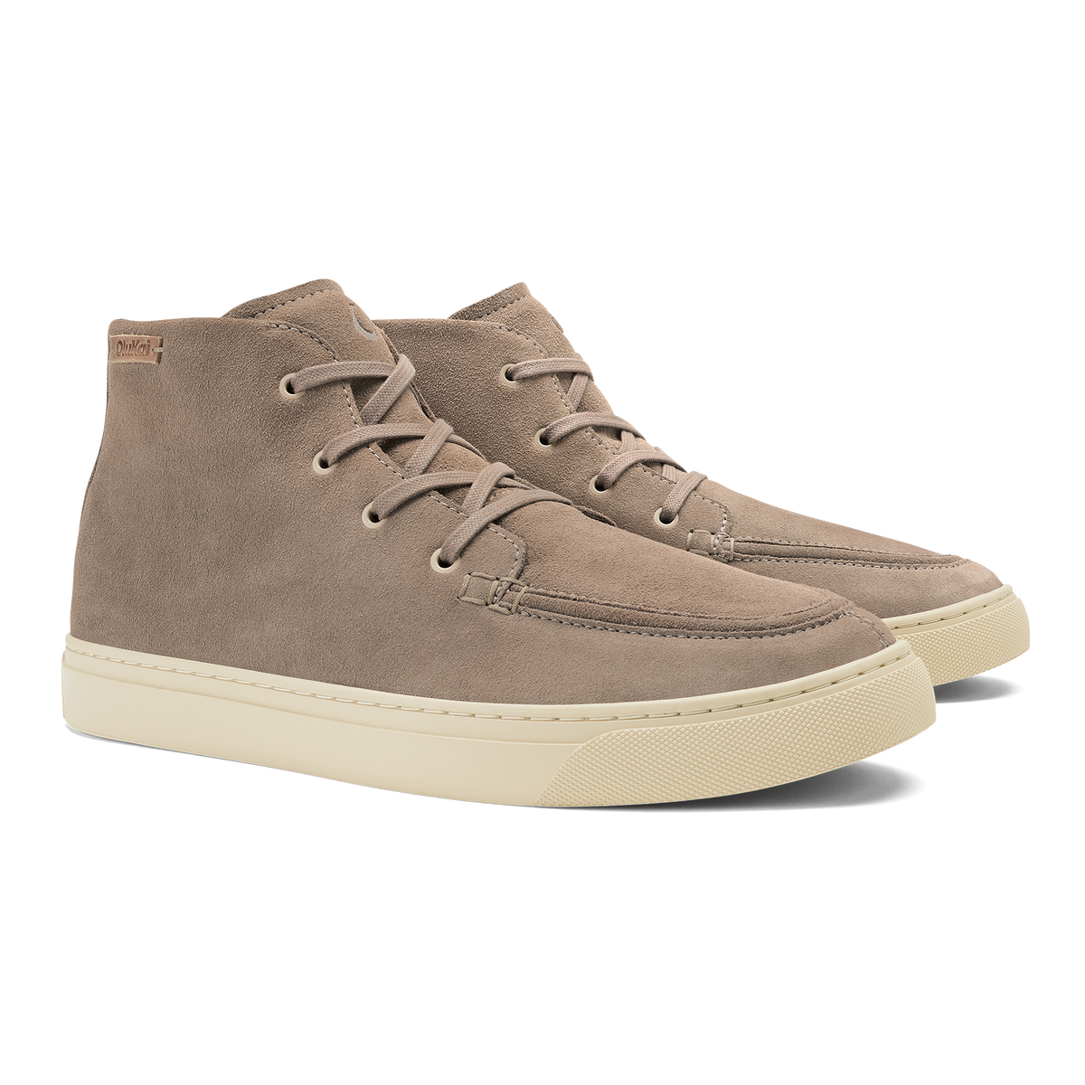 Taupe grey suede chukka boot with cream rubber sole and lace-up closure.