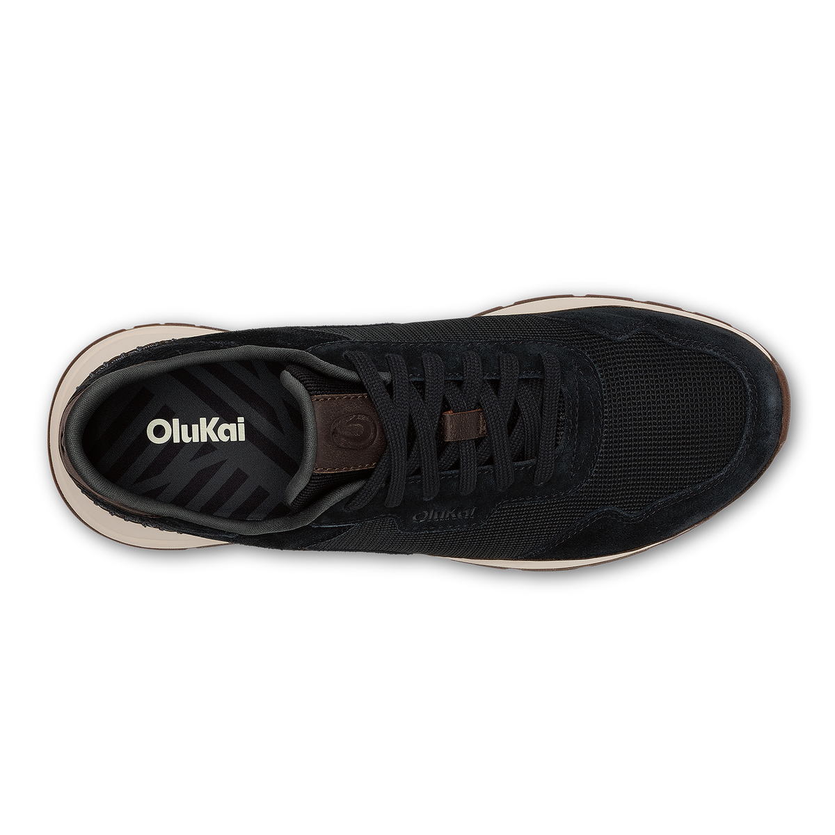 Black mesh and suede sneaker with brown leather heel tab and beige sole, shown from above.