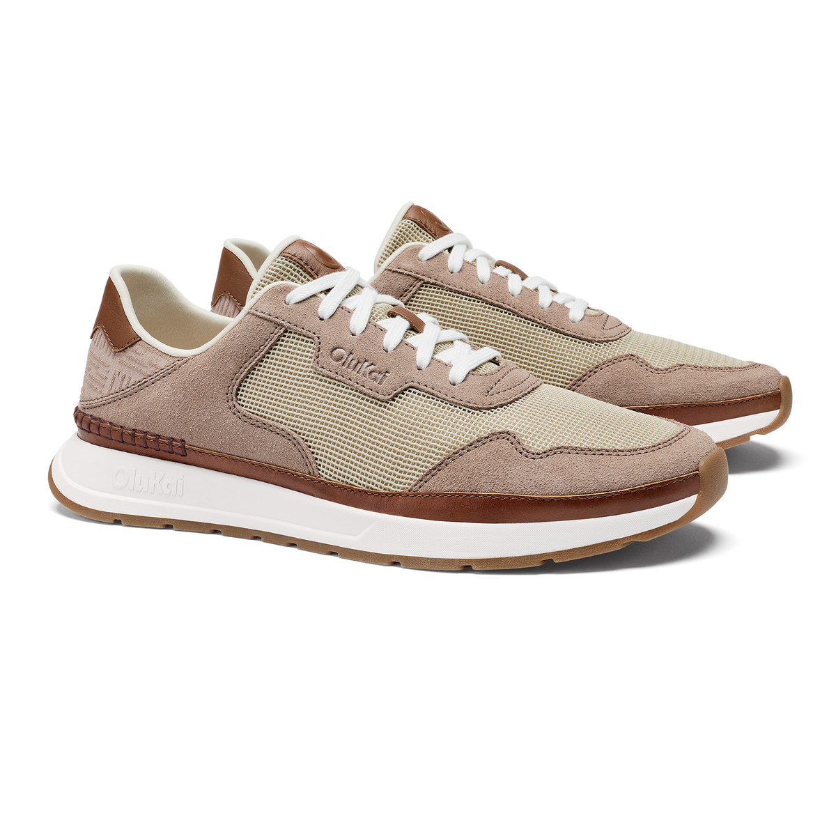 Koke sneaker in ecru and taupe grey with white laces, mesh panels, suede overlays, and white midsole.