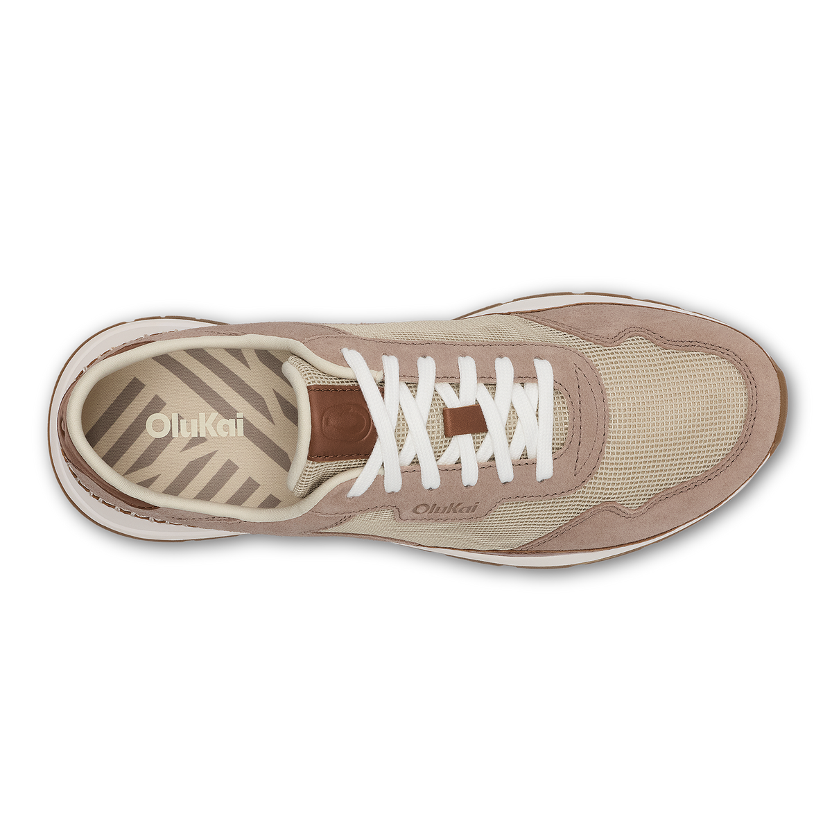 Koke sneaker in ecru and taupe grey with white laces, shown from above displaying striped insole and brown tongue detail.