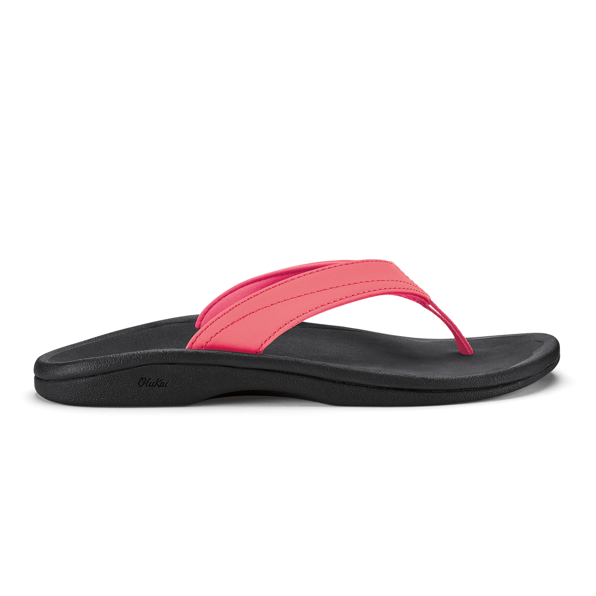 Hot pink and black thong sandal with curved black sole and padded pink strap.