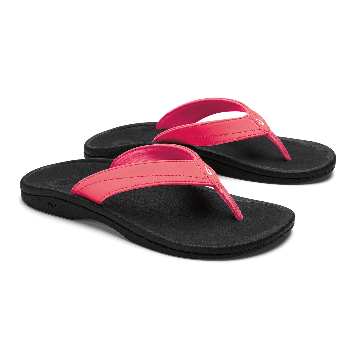 Pair of flip-flop sandals with hot pink straps and black soles, shown from above.