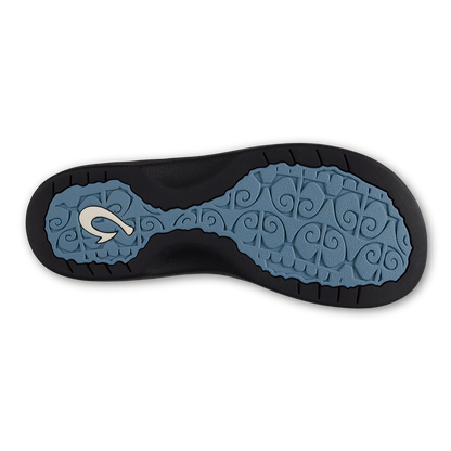 Shoe sole with black rubber edge and blue-gray center featuring scrolled pattern and white logo.