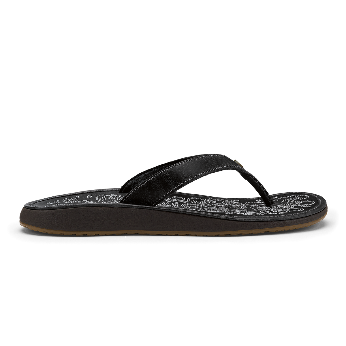 Black flip-flop sandal with woven textured footbed and contrasting stitched thong strap.