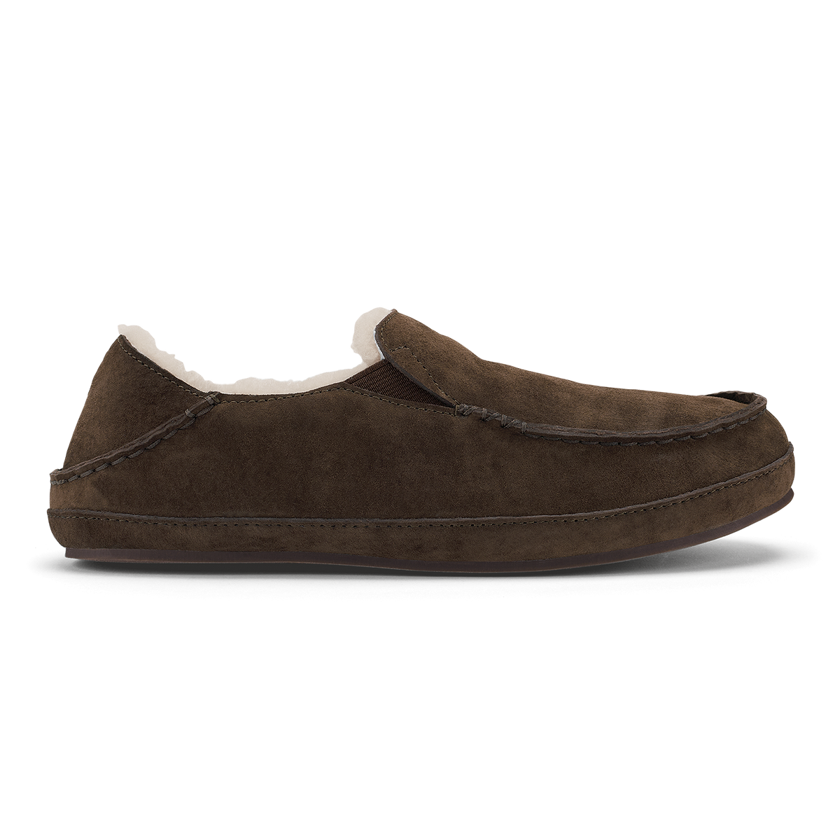 Dark oak suede slipper with cream fleece lining and stitched moccasin sole.