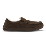 Dark oak suede slipper with cream fleece lining and stitched moccasin sole.