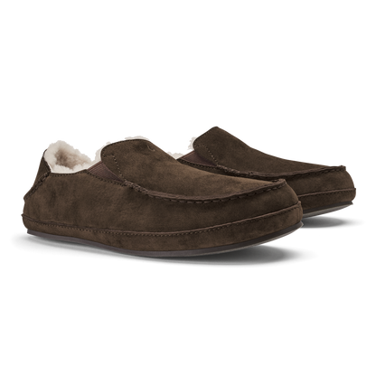 Dark oak suede slippers with white fleece lining and slip-on loafer design.